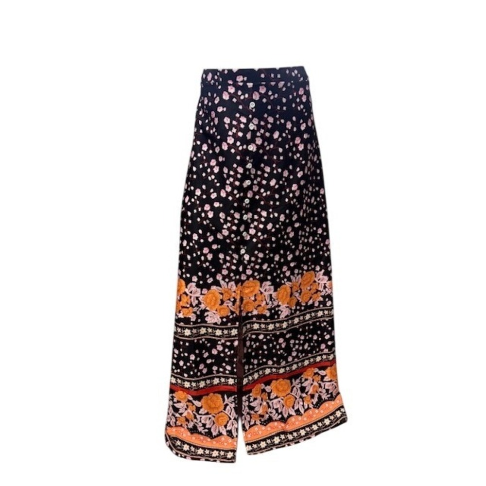NWOT-Floral/Border Button Front Black Maxi Skirt Boho High Waisted Print 2XL
